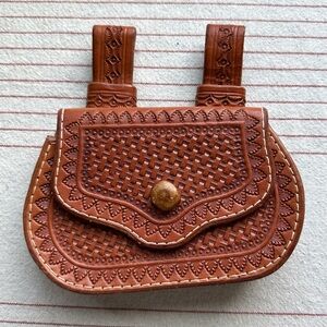 Sold Basket weave tooled brown leather mini belt bag